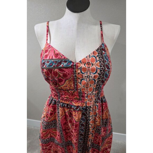 Old Navy Womens Floral Boho Sundress L Strappy Sleeveless Elastic Waist Red & Or - Picture 2 of 6